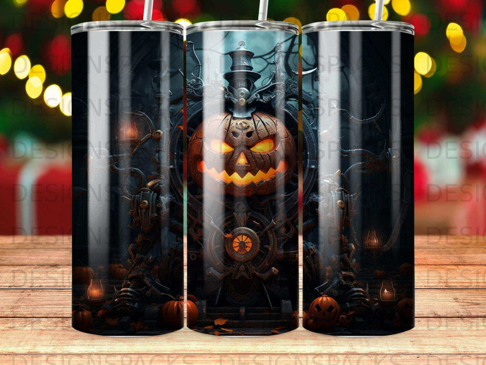 Jack-o'-lantern with steampunk gears, pumpkins, and glowing lanterns.