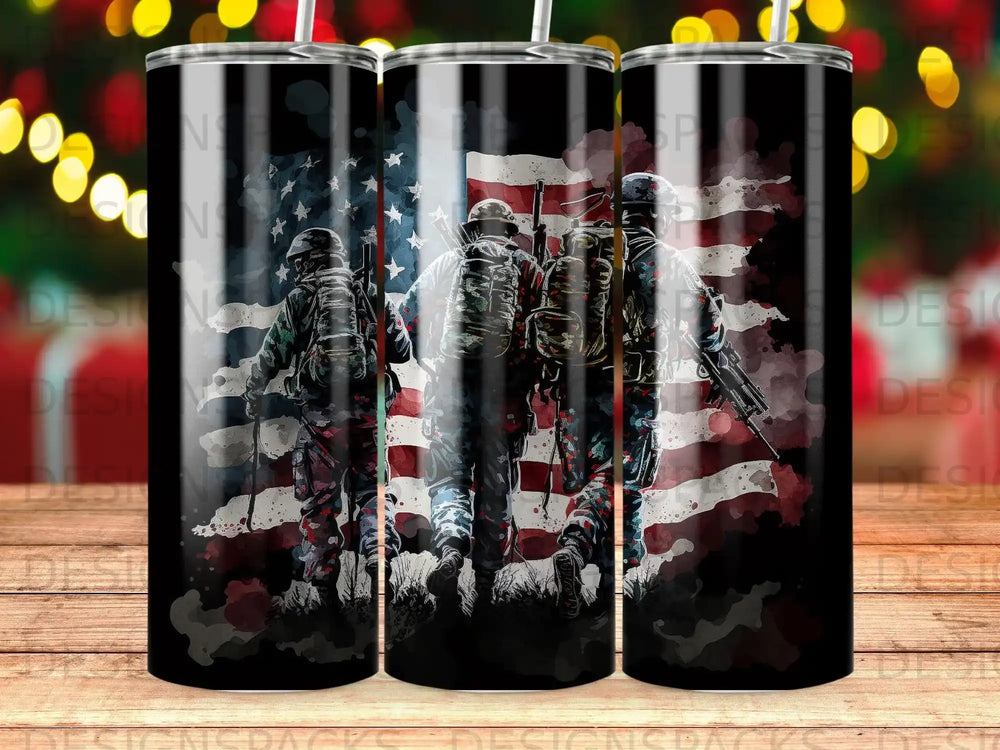 Soldiers in silhouette against a distressed American flag on a tumbler.