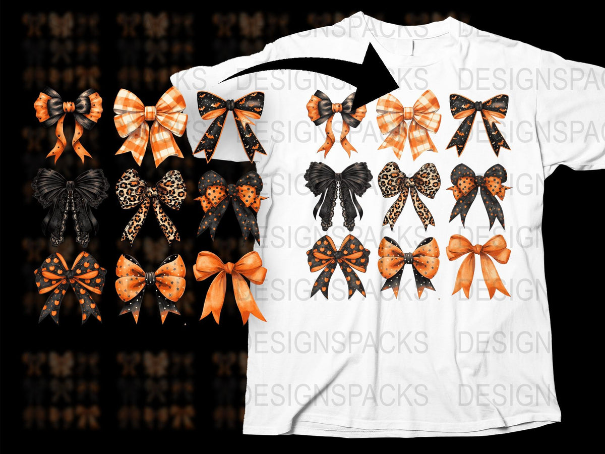 Halloween T-Shirt and Bow Clipart Bundle, Orange Black Bows, Festive Spooky Apparel, Digital Download for Crafts and Decor