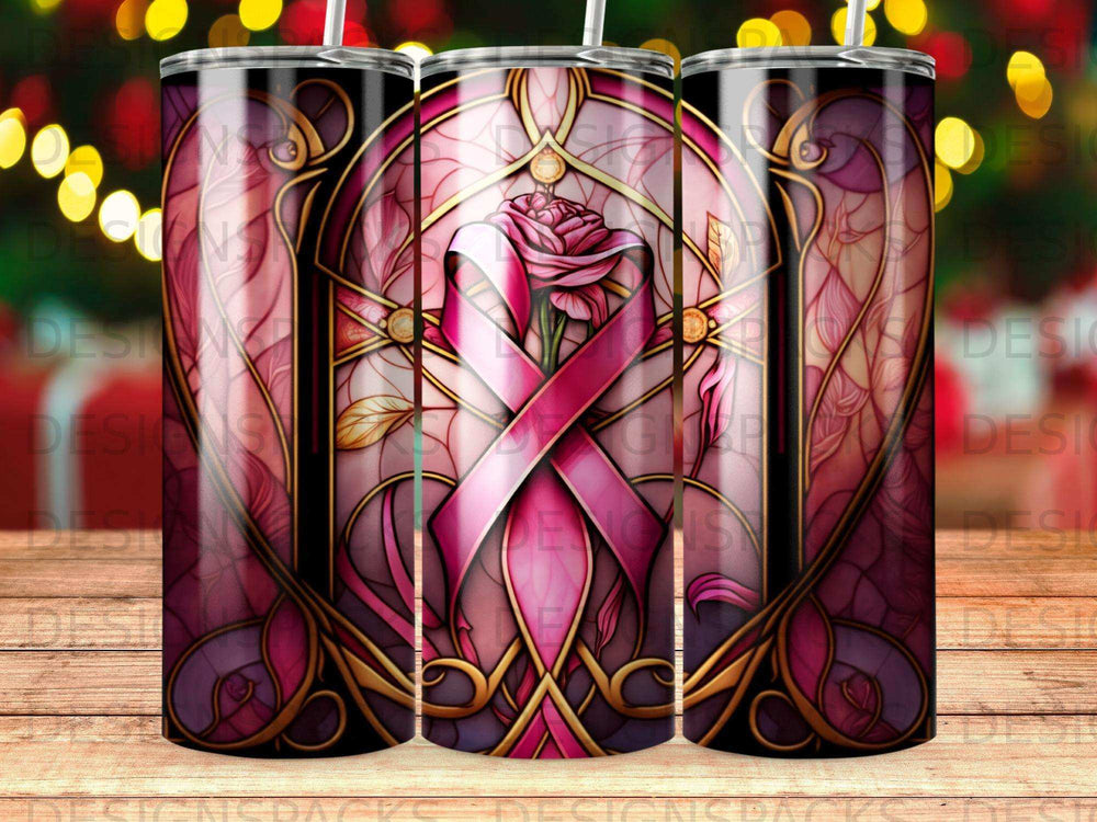 Pink ribbon and rose stained glass design on a tumbler.