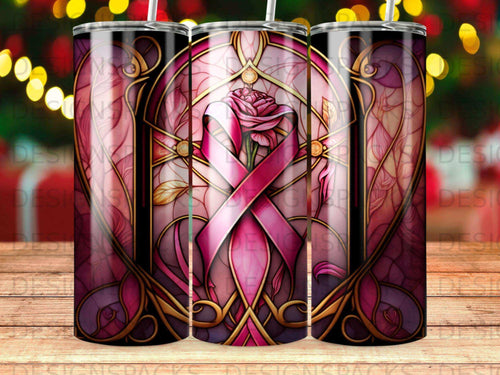 Pink ribbon and rose stained glass design on a tumbler.