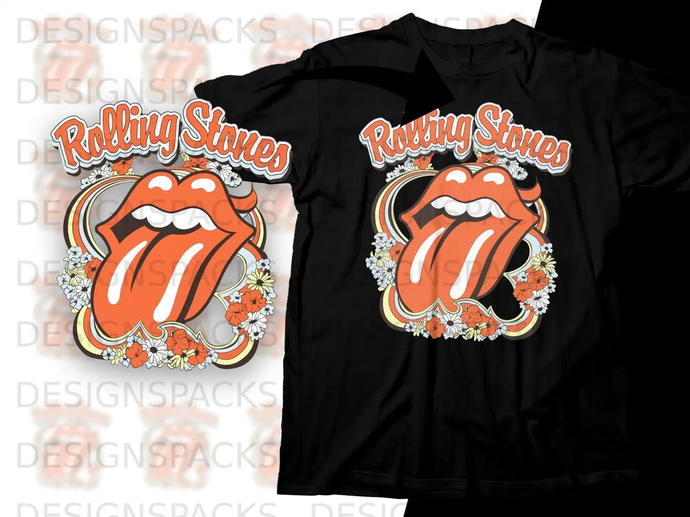 Black t-shirt with Rolling Stones logo featuring a red tongue and colorful floral accents.