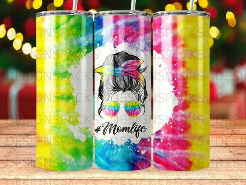 Tumbler with #Momlife text and tie-dye background.