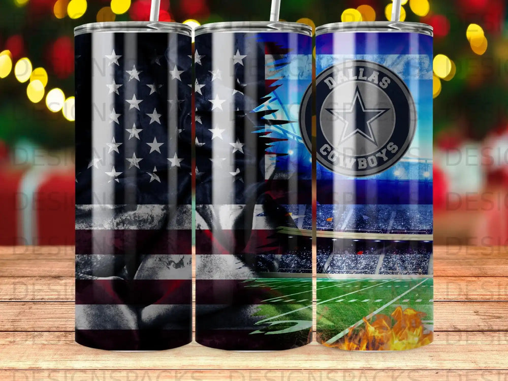 Dallas Cowboys stadium tumbler with American flag and football imagery.