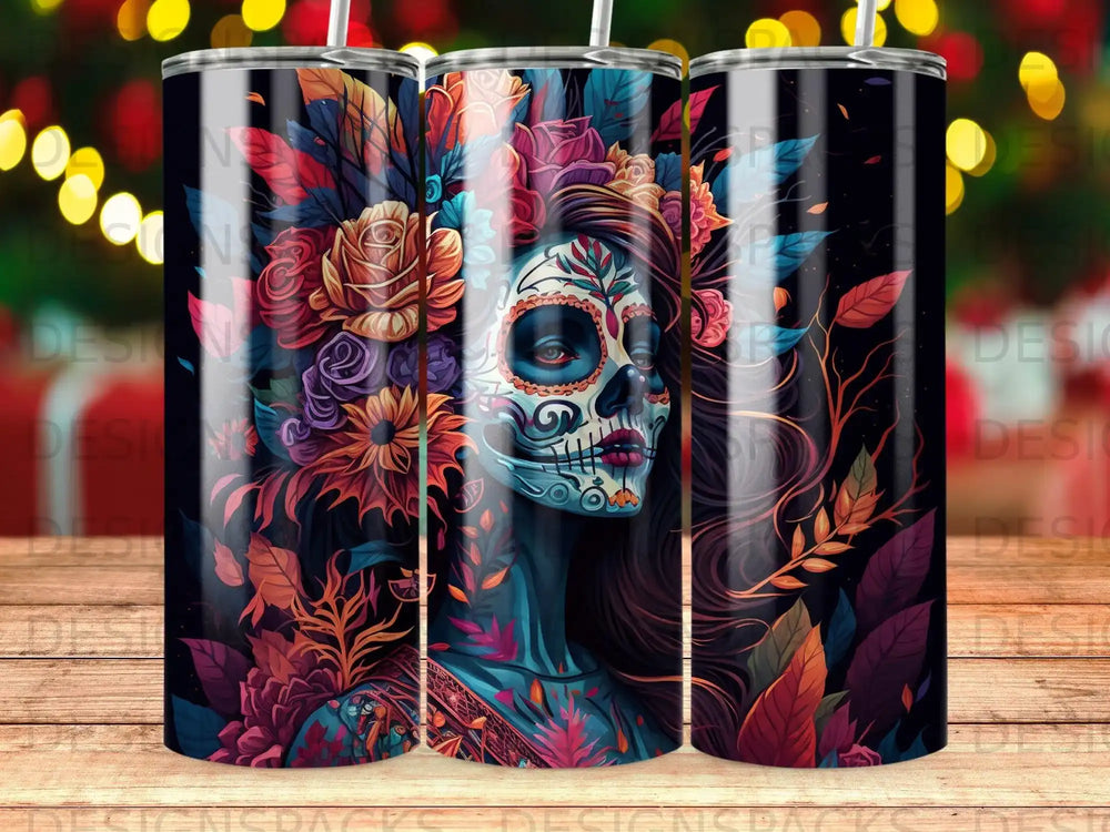 Sugar skull woman with colorful floral headdress, dark background.