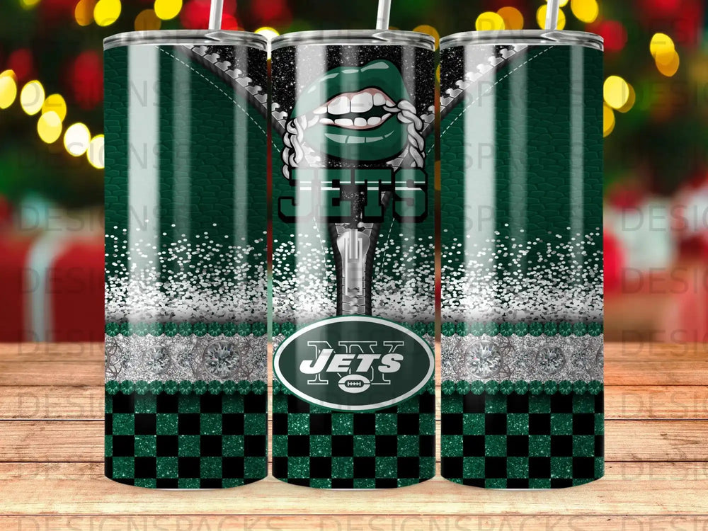 Green New York Jets tumbler with checkered pattern, glitter, and zipper.