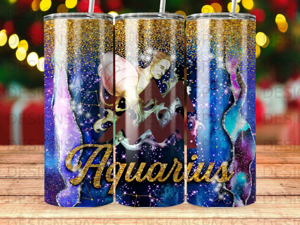 Tumbler with Aquarius zodiac sign, celestial background, and glitter accents.