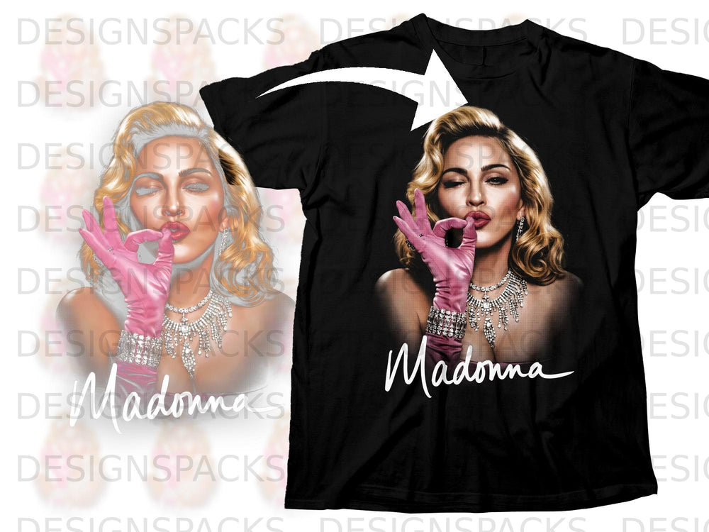 Black t-shirt with Madonna graphic and her name below.