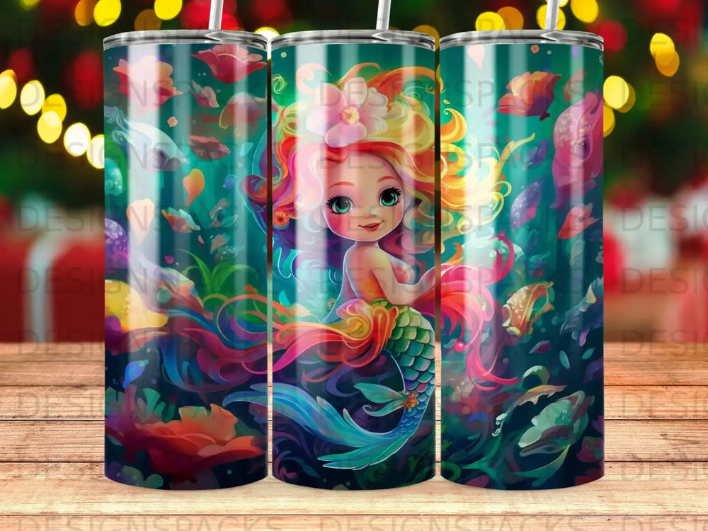 Cartoon mermaid with vibrant hair surrounded by colorful underwater flora and fauna.