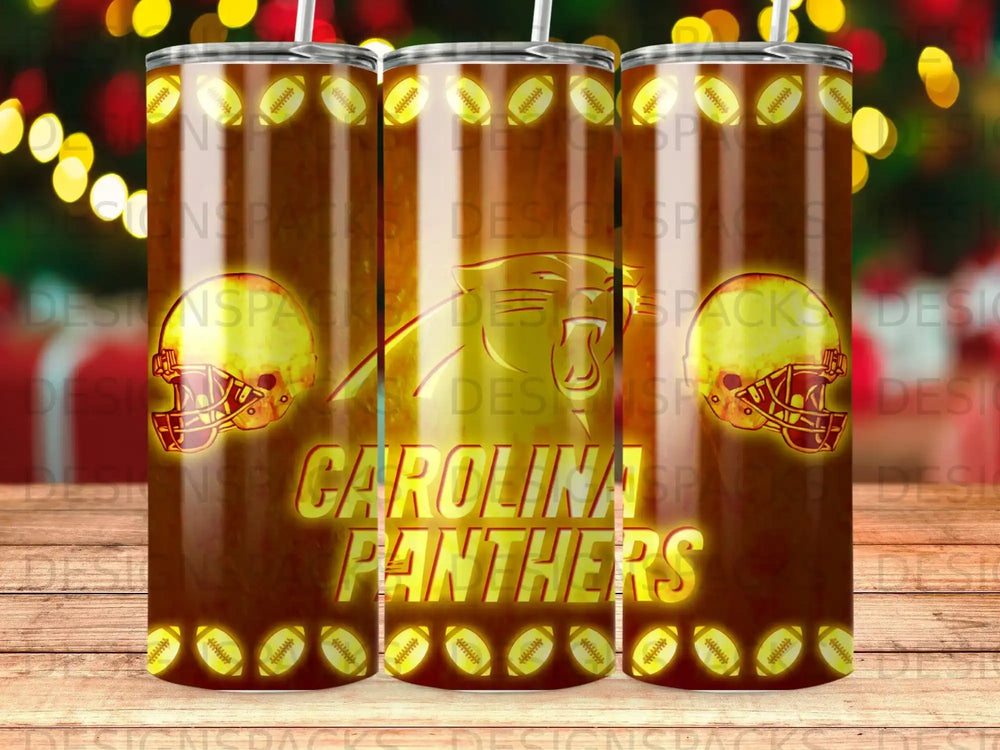 Carolina Panthers logo on a tumbler with football helmet pattern.