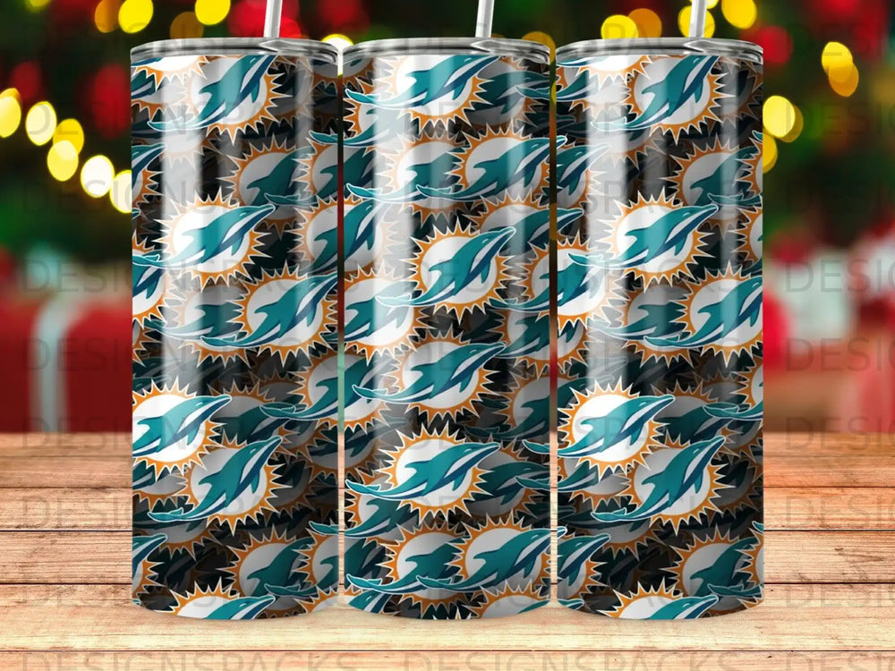 Miami Dolphins logo pattern on a three tumbler set.