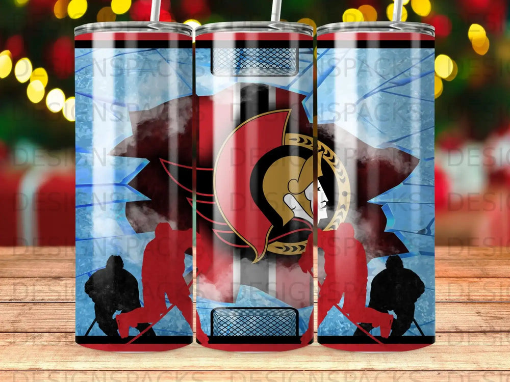 Ottawa Senators logo on hockey player silhouette and ice background tumbler.