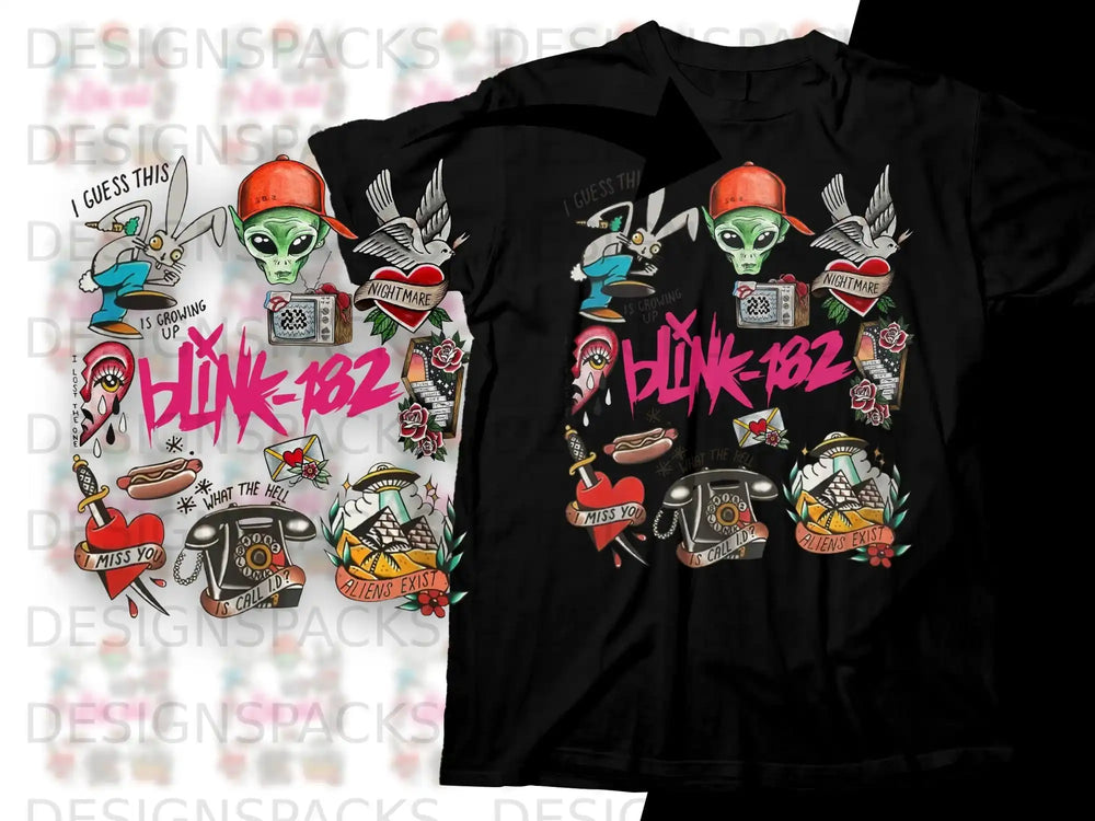 Blink-182 band logo with cartoon aliens, hearts, and tattoo-style designs.