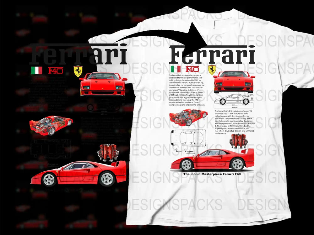 Ferrari F40 Classic Car T-Shirt, Vintage Automotive Enthusiast Tee, Collector's Racing Design, Red and White Shirt