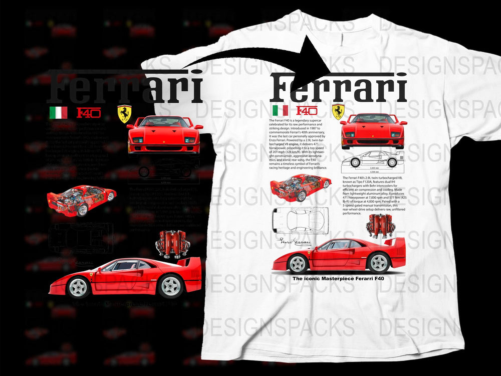 Ferrari F40 Classic Car T-Shirt, Vintage Automotive Enthusiast Tee, Collector's Racing Design, Red and White Shirt