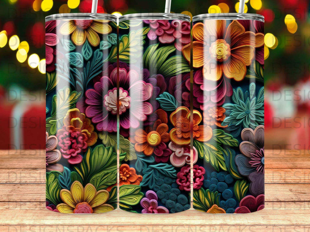 Dark background with vibrant, layered floral patterns in rainbow colors.