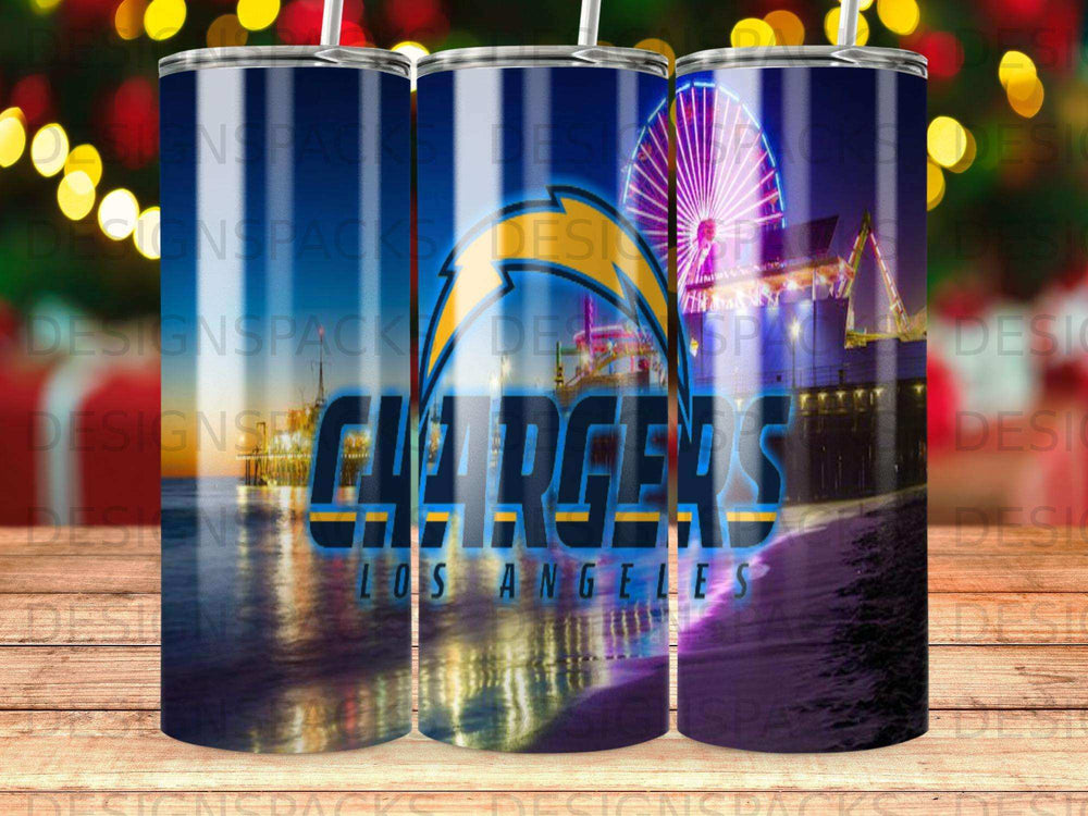 Los Angeles Chargers tumbler with ferris wheel and ocean background.
