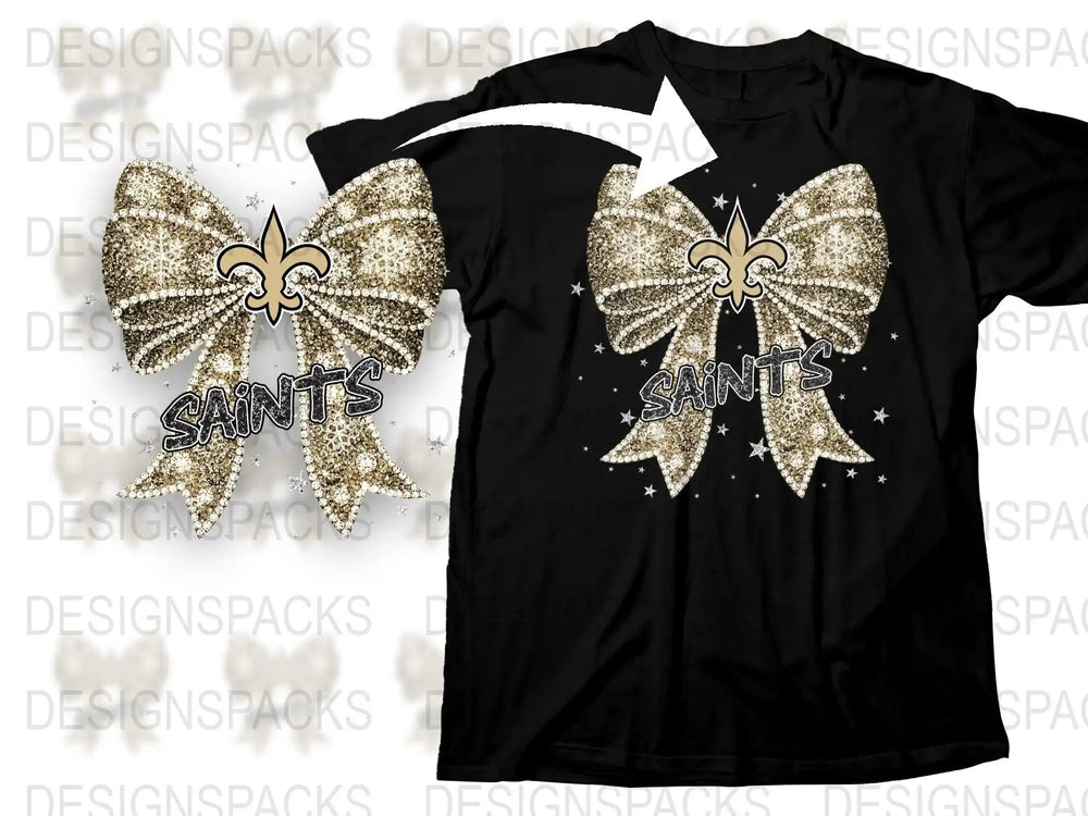 New Orleans Saints Inspired Glitter Bow T-Shirt, Black Gold Fan Wear, Sparkly Football Team Apparel for Game Day