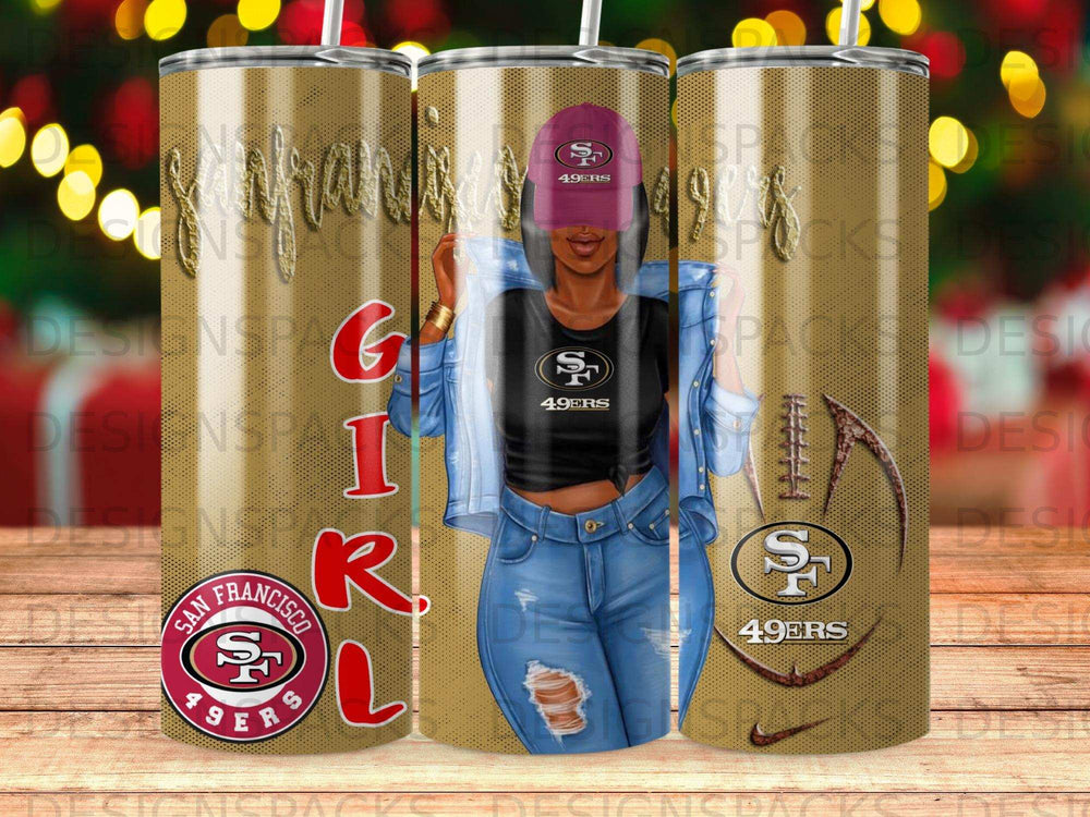 San Francisco 49ers themed tumbler with woman graphic and team logos.