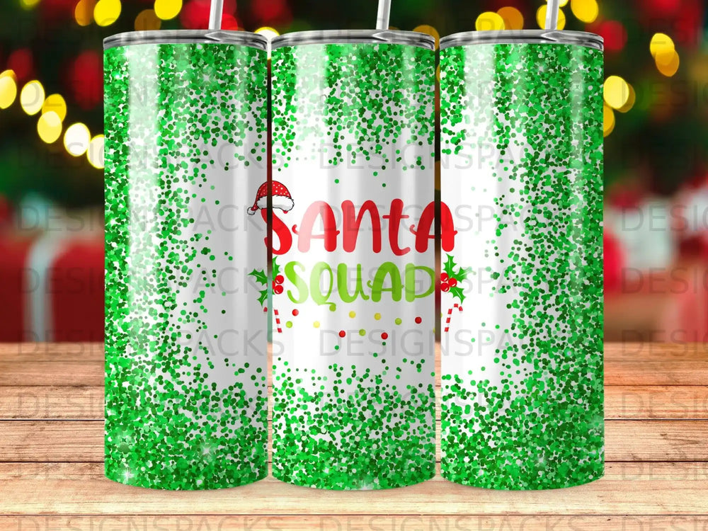 Santa Squad tumbler with green glitter and red accents.