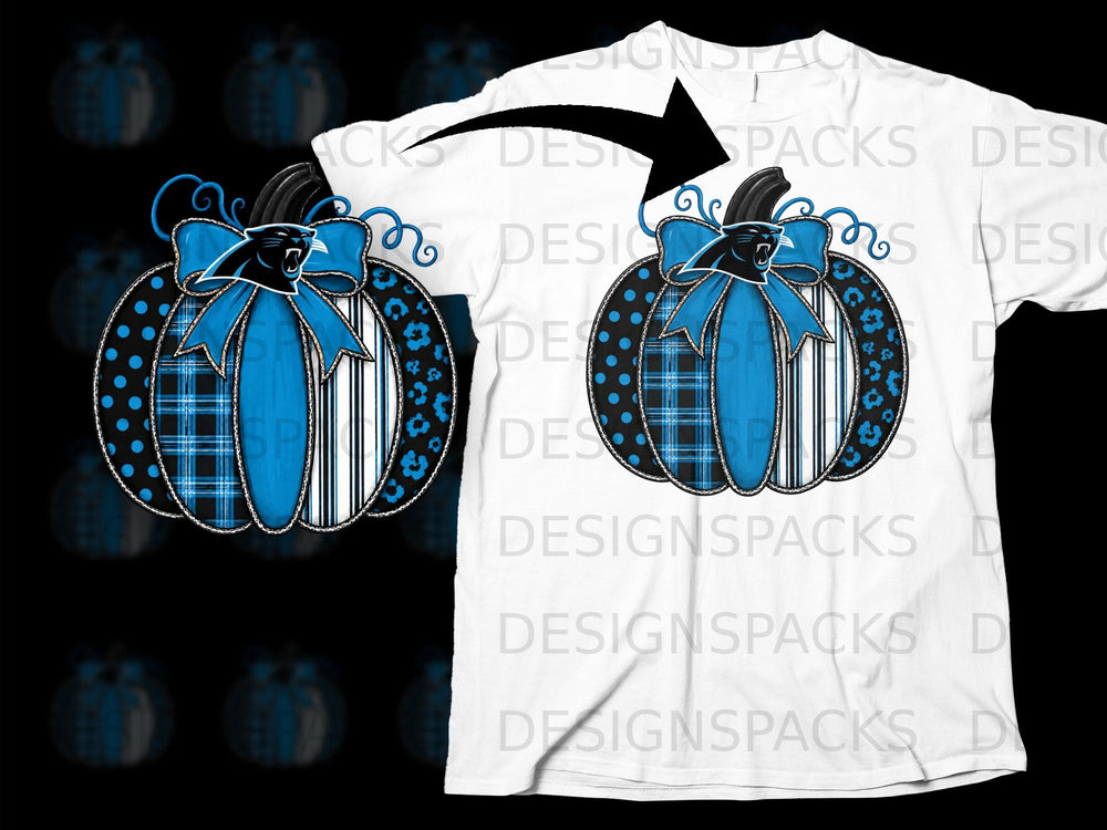 Carolina Panthers logo pumpkin with blue bow on white t-shirt mockup.