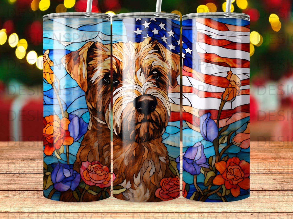 Stained glass dog portrait with American flag and floral accents.