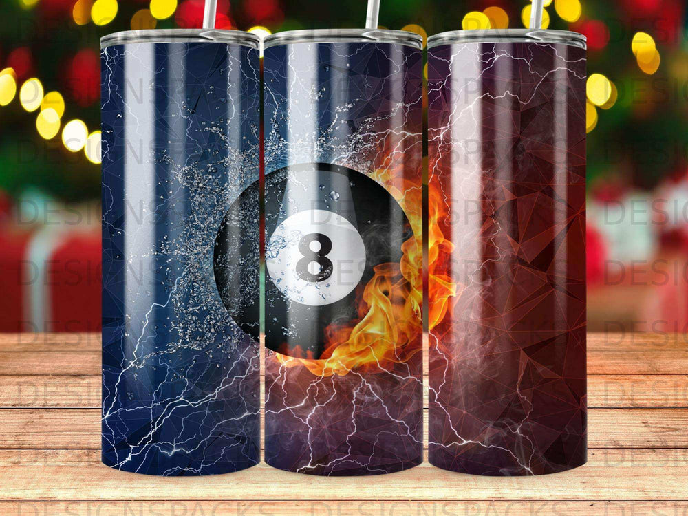 8-ball in flames and water with lightning background.