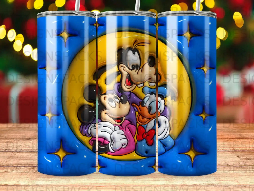 Mickey, Donald, and Goofy characters on a blue and yellow tumbler with stars.