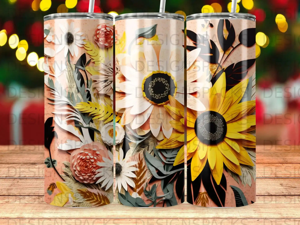Floral pattern on a tumbler with sunflowers and various other flowers.