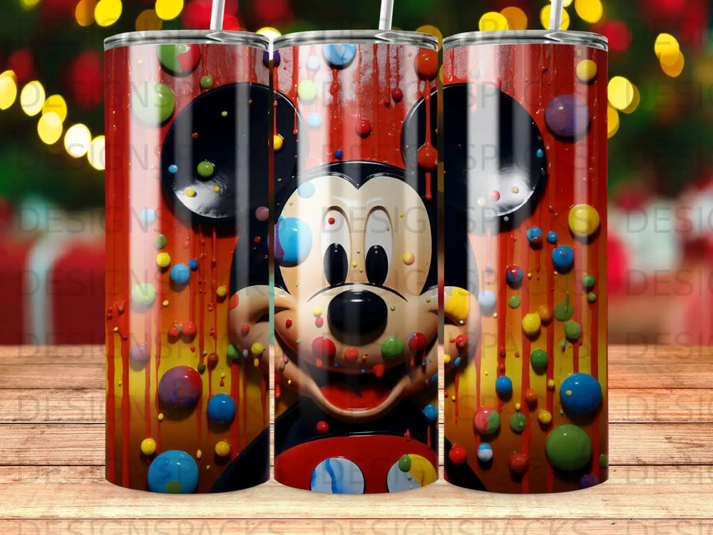 Mickey Mouse on a tumbler with colorful dripping paint and bubbles.