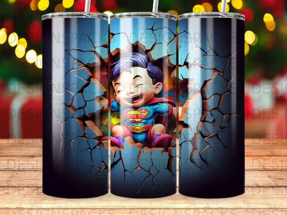Cartoon child superhero breaking through a cracked wall.