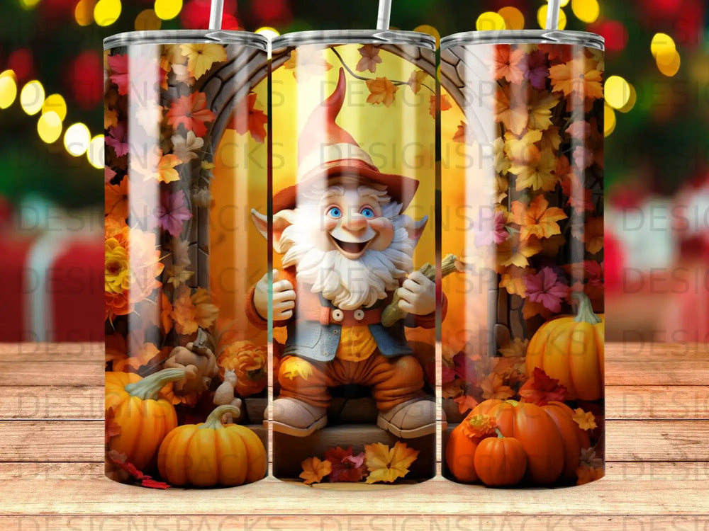 Gnome in autumn leaves with pumpkins and gourds.