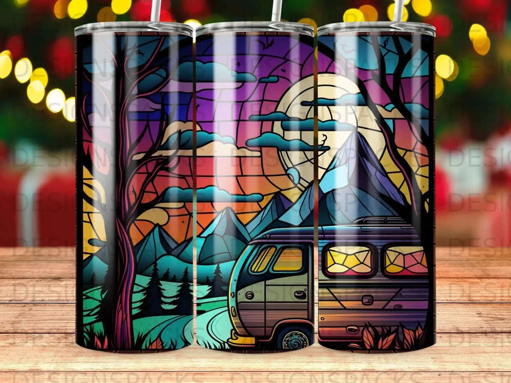 Stained glass style camper van driving through mountains at dusk.