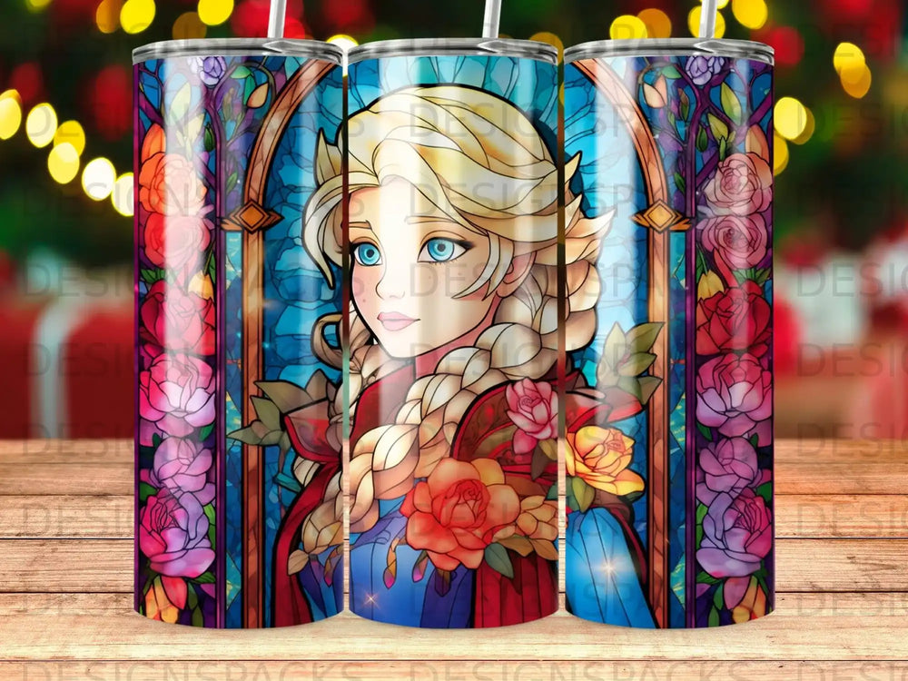 Stained glass art of Elsa from Frozen with roses and floral patterns.
