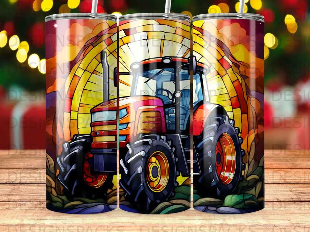 Red tractor with stained glass window background, realistic illustration.