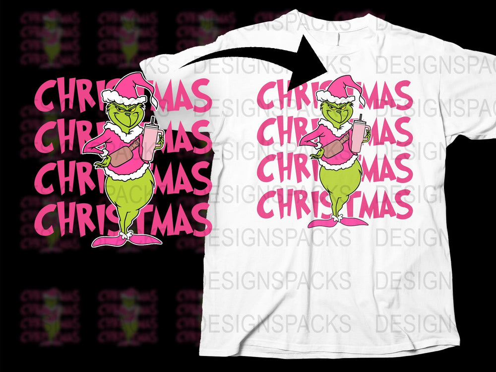 Funny Grinch Christmas T-Shirt, Cute Holiday Tee, Unisex Adult and Kids Sizes, Pink Santa Hat Design