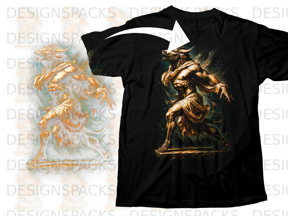 Black t-shirt with a muscular, minotaur-like figure in golden drapery.