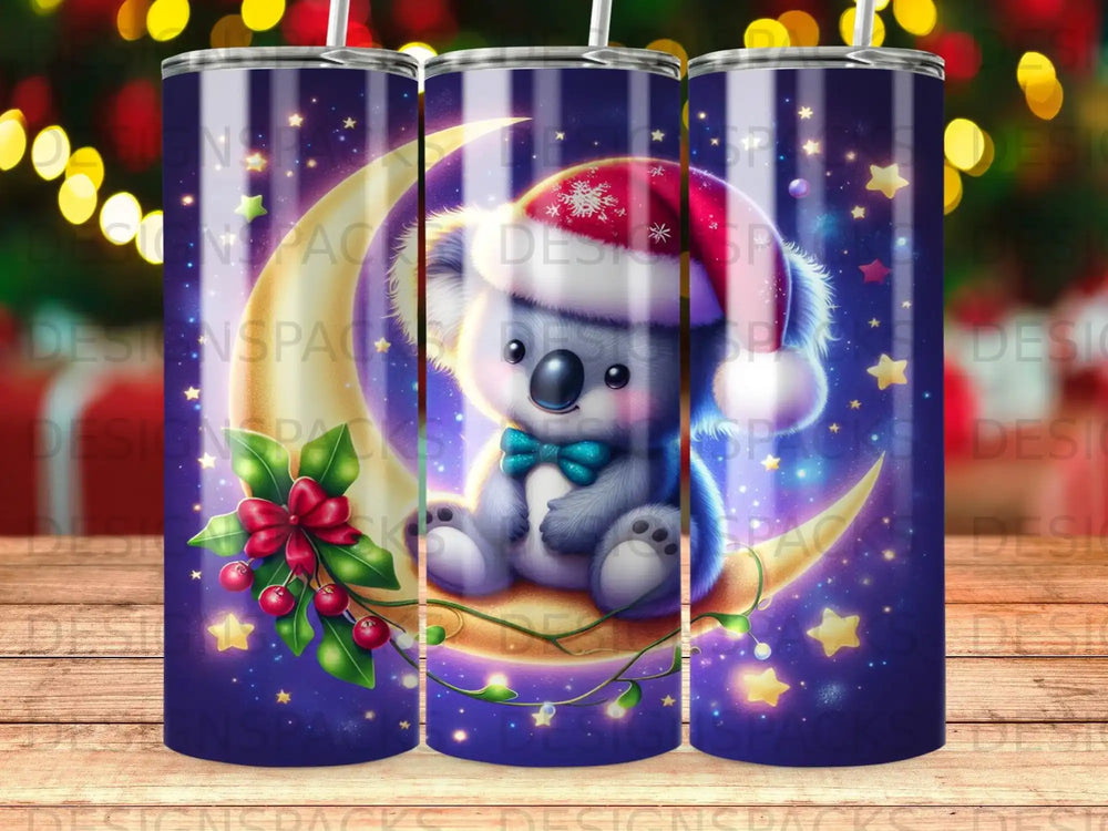 Koala wearing a Santa hat and bow tie sits on a crescent moon.
