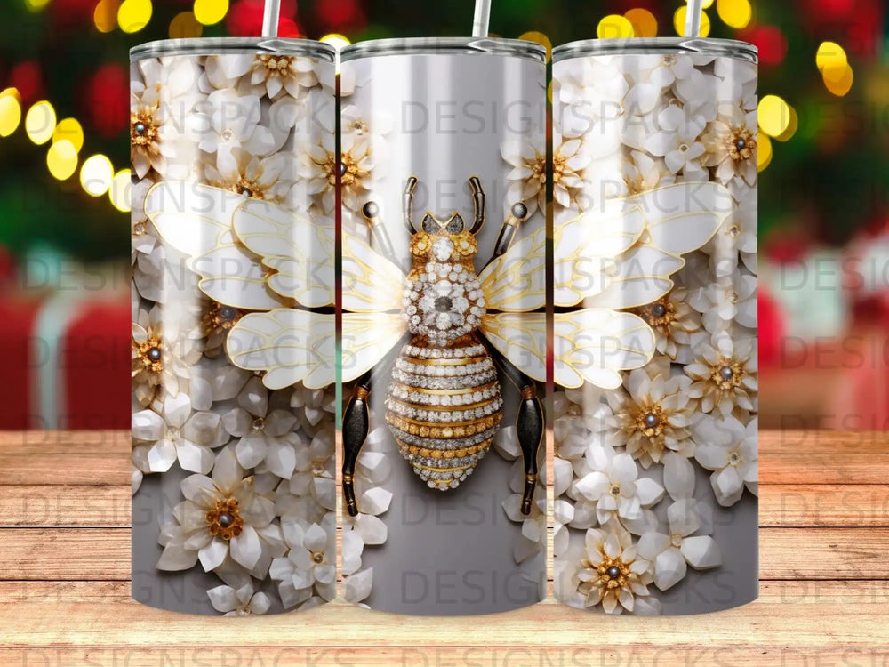 Bee-themed tumbler with white flowers and gold accents.
