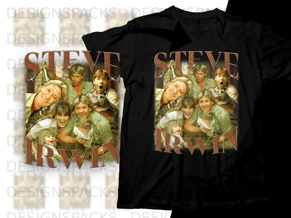 Steve Irwin smiling with crocodiles on black t-shirt.