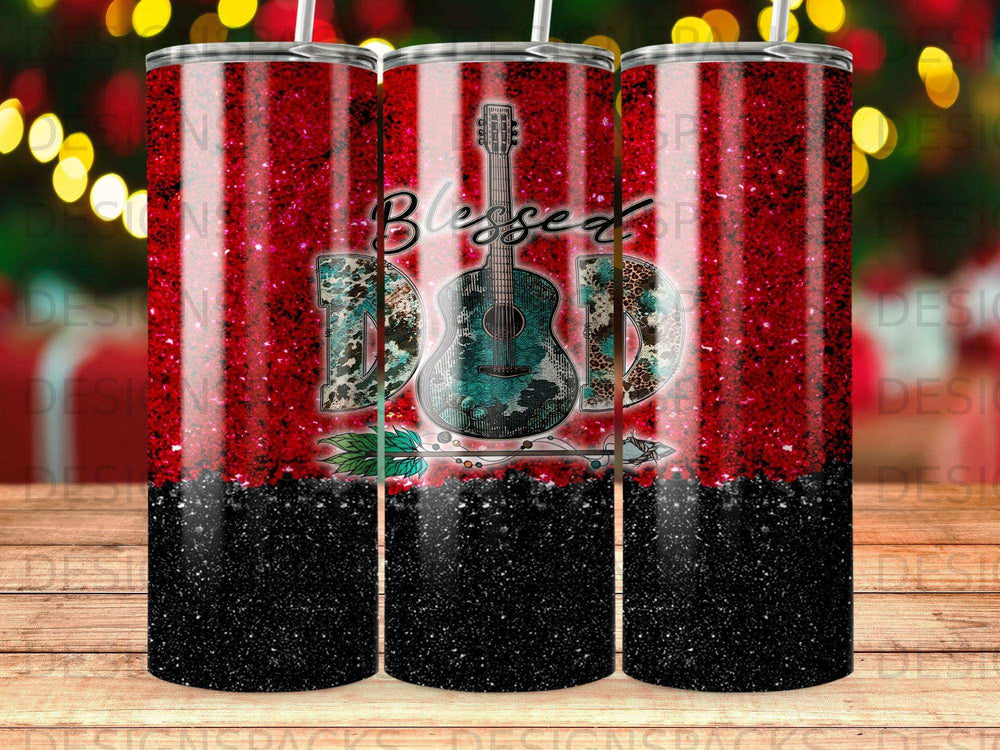 Glitter tumbler with a guitar and "Blessed" text.