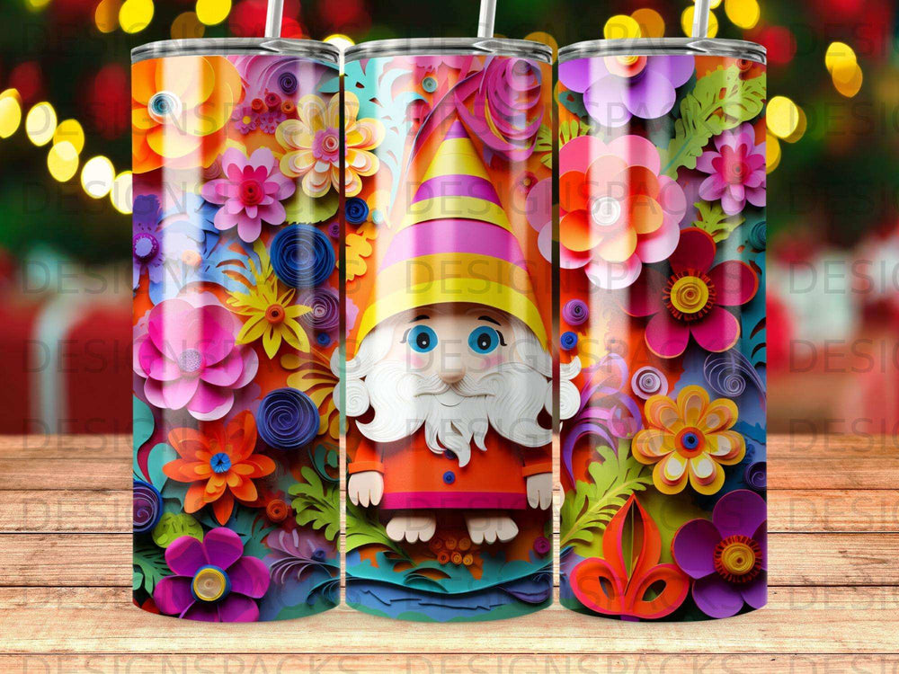 Three tumblers with colorful gnome and floral patterns.