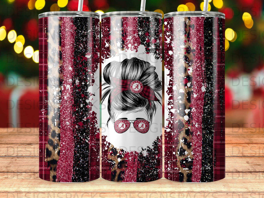 Tumbler with Alabama Crimson Tide logo and distressed plaid and leopard print design.