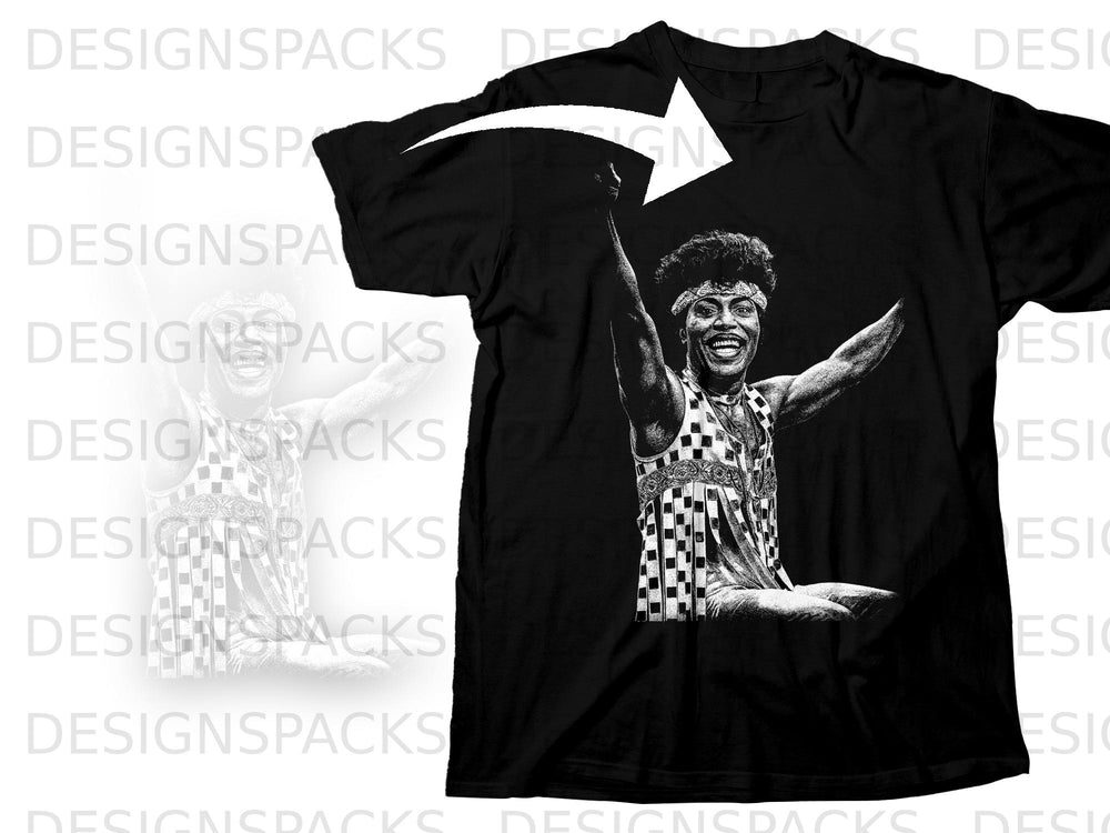 Black t-shirt with black and white graphic of a man with arms raised.