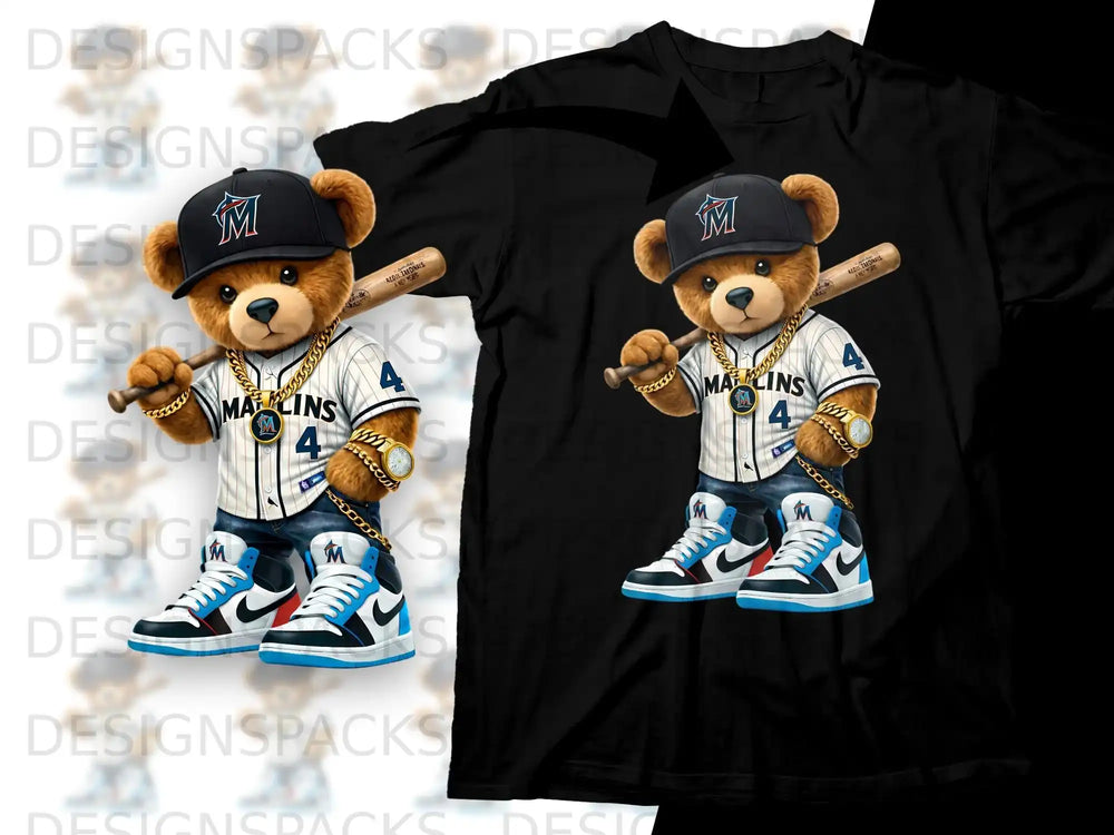 Teddy bear wearing baseball uniform and cap holding a bat.