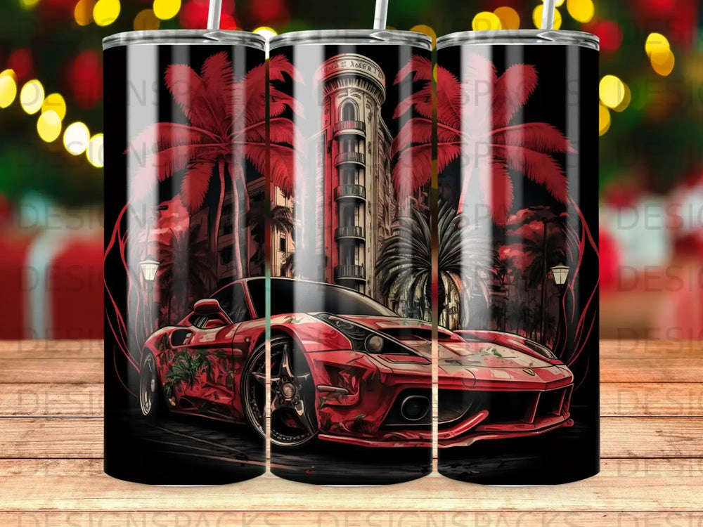 Red sports car parked on city street with palm trees and ornate building.