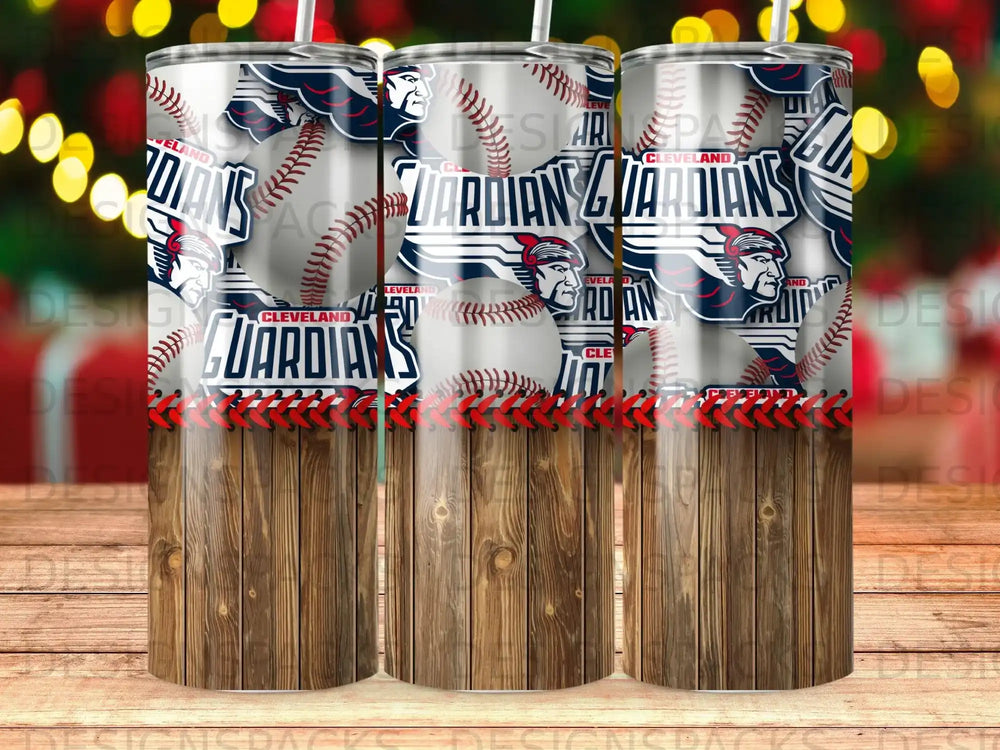 Cleveland Guardians baseball tumbler with wood grain and festive lights.