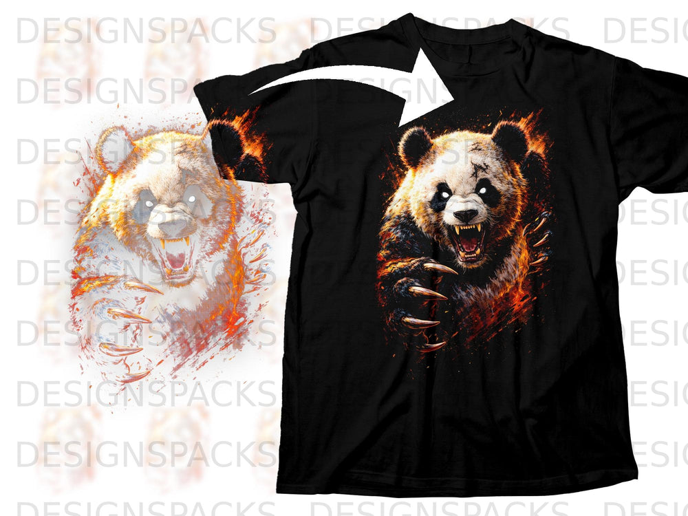 Black t-shirt with a roaring panda graphic with fiery accents.