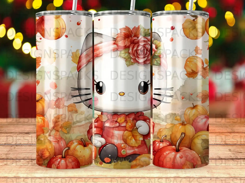 Cat wearing plaid shirt with pumpkins and autumn leaves design.