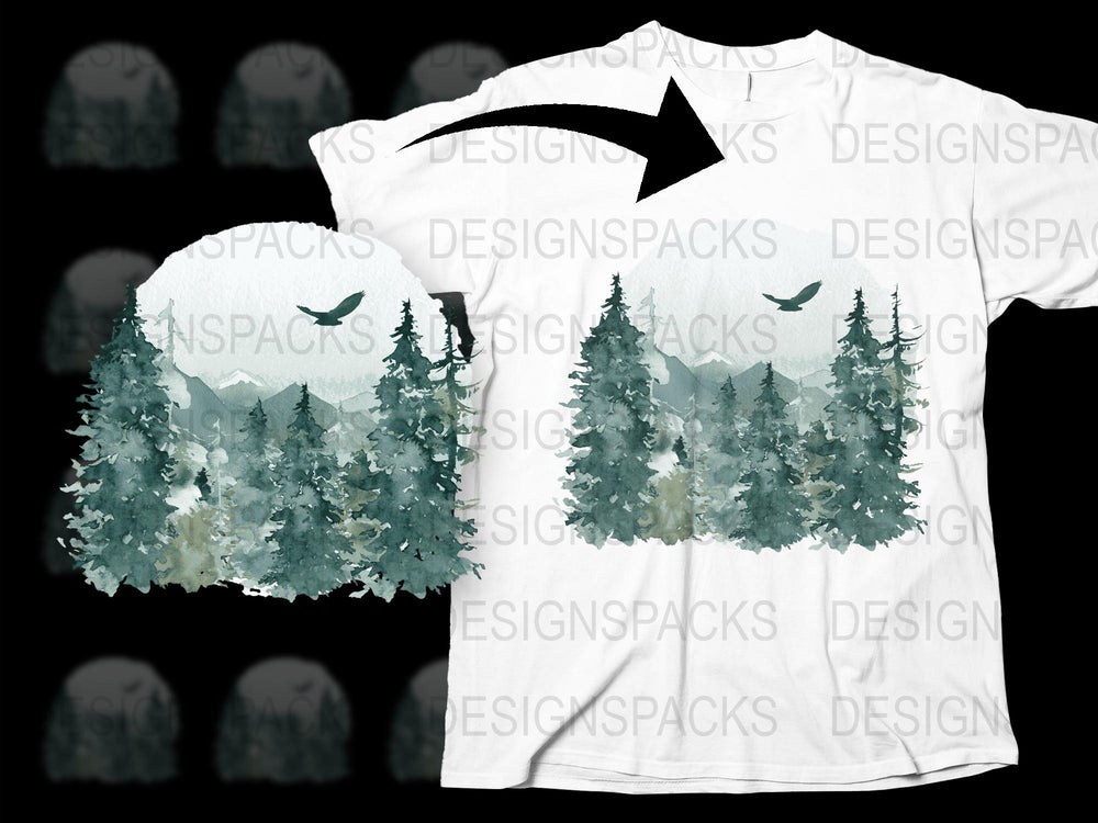 Forest Design T-Shirt, Nature Inspired Graphic Tee, Green Trees Birds Print, Unisex Casual Wear